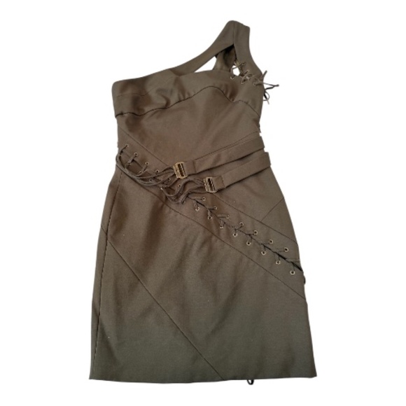 NWOT L.A.M.B. Gwen Stefani Green Lace Up Asymmetrical  Y2K Dress Size 6 - Picture 4 of 15